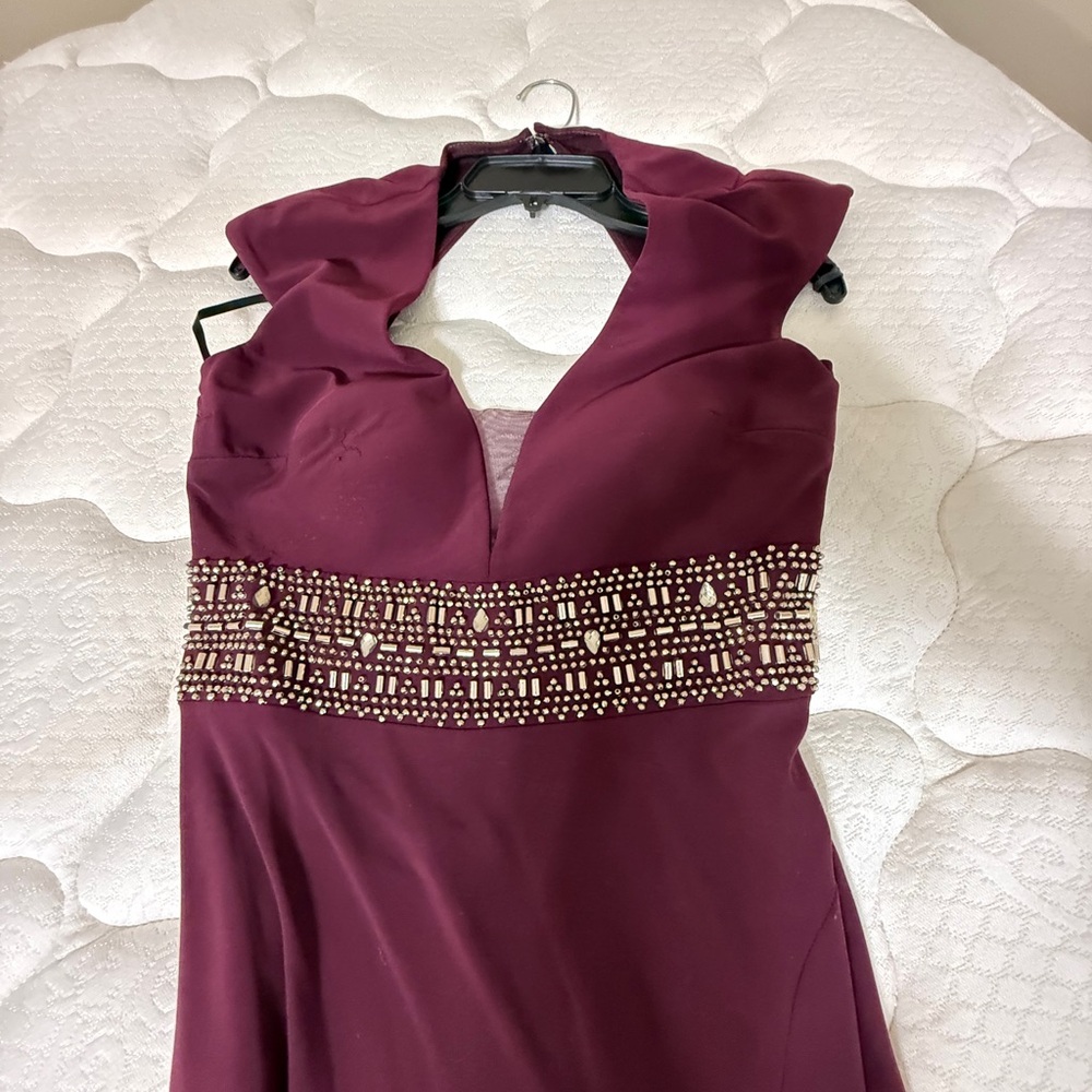 Xscape Burgundy Beaded Prom Dress